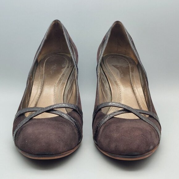 Ann Taylor Brown Suede Pumps Heels Shoes Leather Croc Straps Size 9M Career - Picture 3 of 14